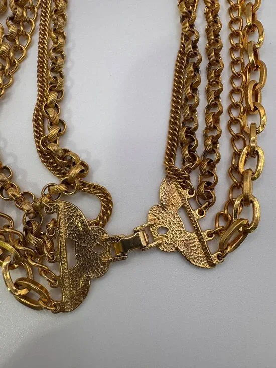 Vintage Gold Tone Heavy Multi 5 Strand Chain Necklace Statement Layered Runway - Picture 8 of 9